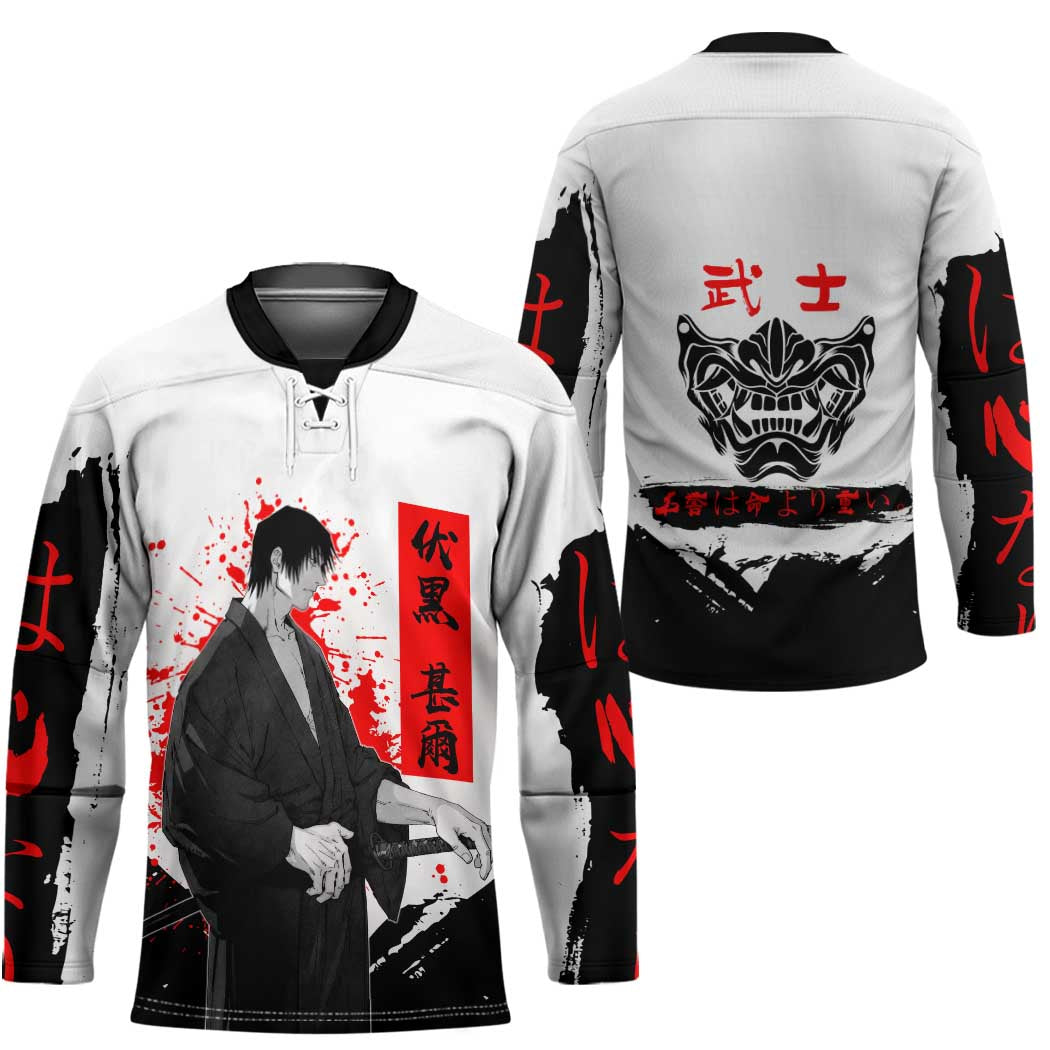 Toji Fushiguro Jujutsu Kaisen Samurai Theme Hockey Jersey with Katana, Red Kanji and Oni Mask Artwork - The Mazicc