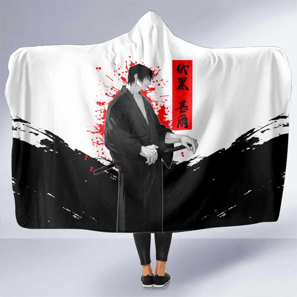 Toji Fushiguro Jujutsu Kaisen Samurai Theme Hooded Blanket with Katana, Red Kanji and Oni Mask Artwork - The Mazicc