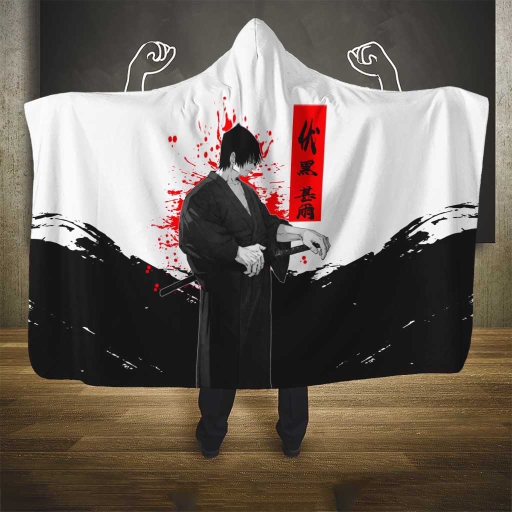 Toji Fushiguro Jujutsu Kaisen Samurai Theme Hooded Blanket with Katana, Red Kanji and Oni Mask Artwork - The Mazicc