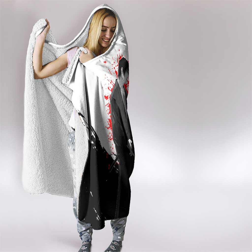 Toji Fushiguro Jujutsu Kaisen Samurai Theme Hooded Blanket with Katana, Red Kanji and Oni Mask Artwork - The Mazicc