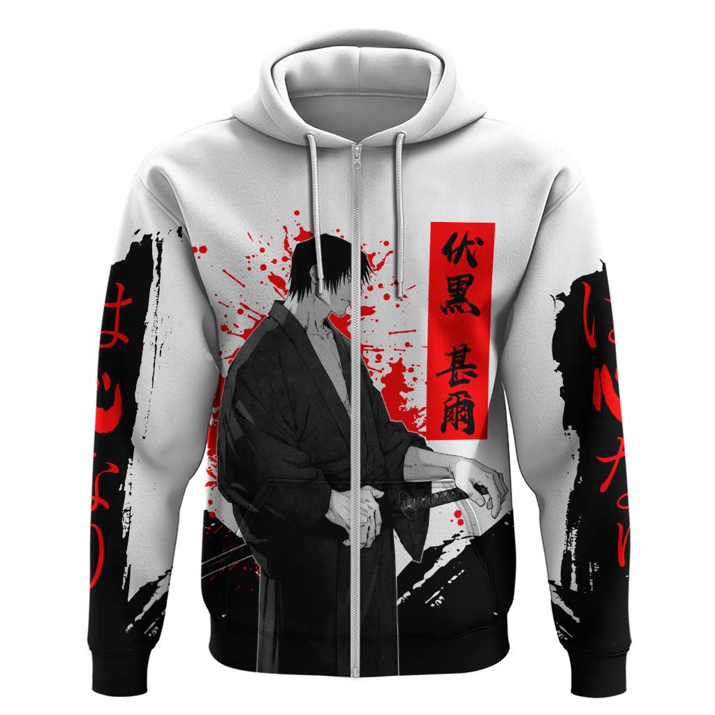Toji Fushiguro Jujutsu Kaisen Samurai Theme Hoodie with Katana, Red Kanji and Oni Mask Artwork - The Mazicc
