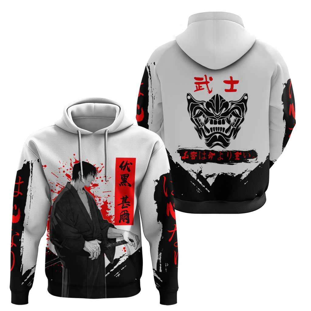 Toji Fushiguro Jujutsu Kaisen Samurai Theme Hoodie with Katana, Red Kanji and Oni Mask Artwork - The Mazicc