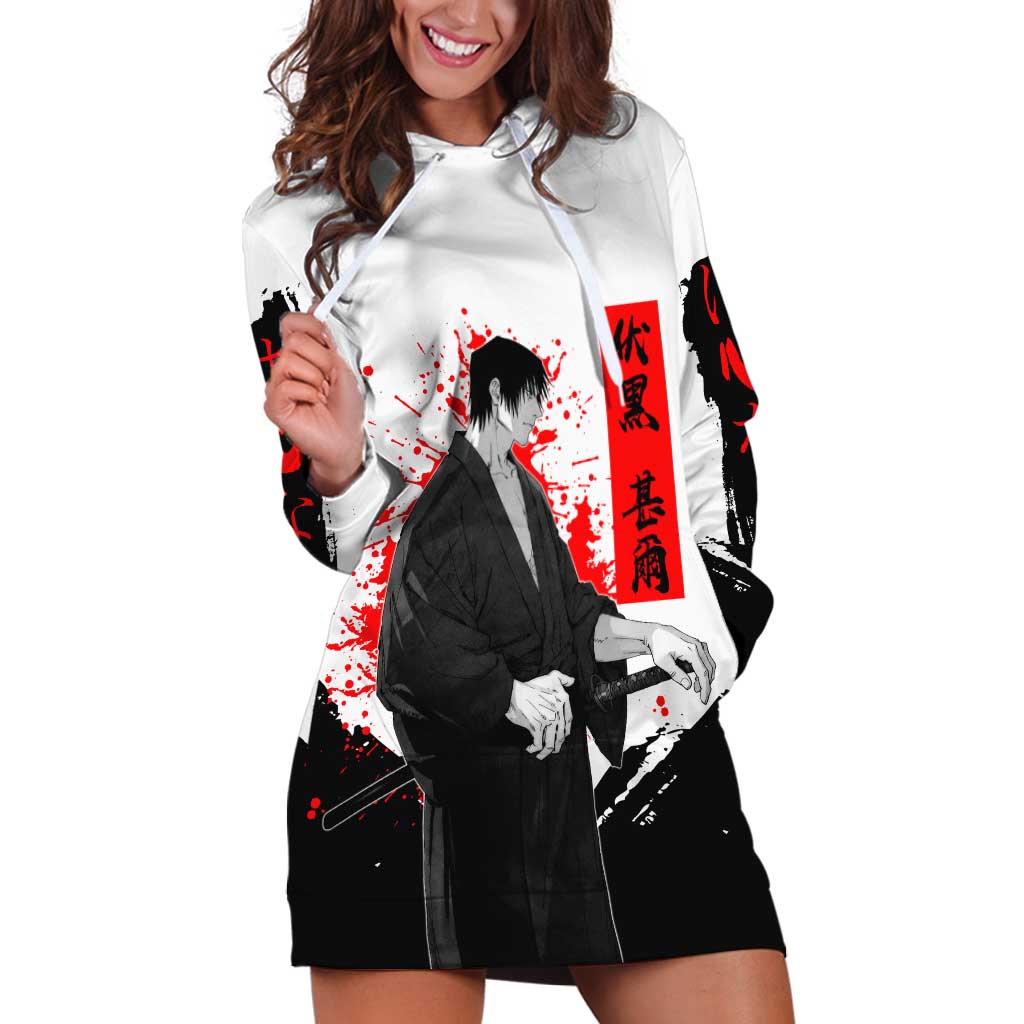 Toji Fushiguro Jujutsu Kaisen Samurai Theme Hoodie Dress with Katana, Red Kanji and Oni Mask Artwork - The Mazicc
