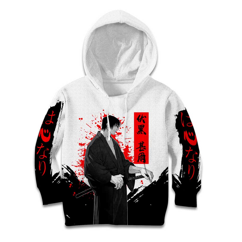 Toji Fushiguro Jujutsu Kaisen Samurai Theme Kid Hoodie with Katana, Red Kanji and Oni Mask Artwork - The Mazicc