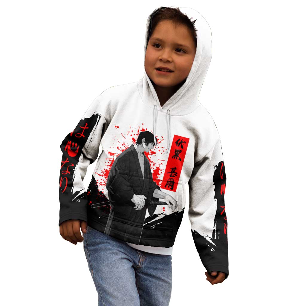 Toji Fushiguro Jujutsu Kaisen Samurai Theme Kid Hoodie with Katana, Red Kanji and Oni Mask Artwork - The Mazicc