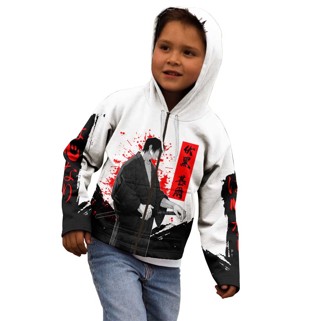 Toji Fushiguro Jujutsu Kaisen Samurai Theme Kid Hoodie with Katana, Red Kanji and Oni Mask Artwork - The Mazicc
