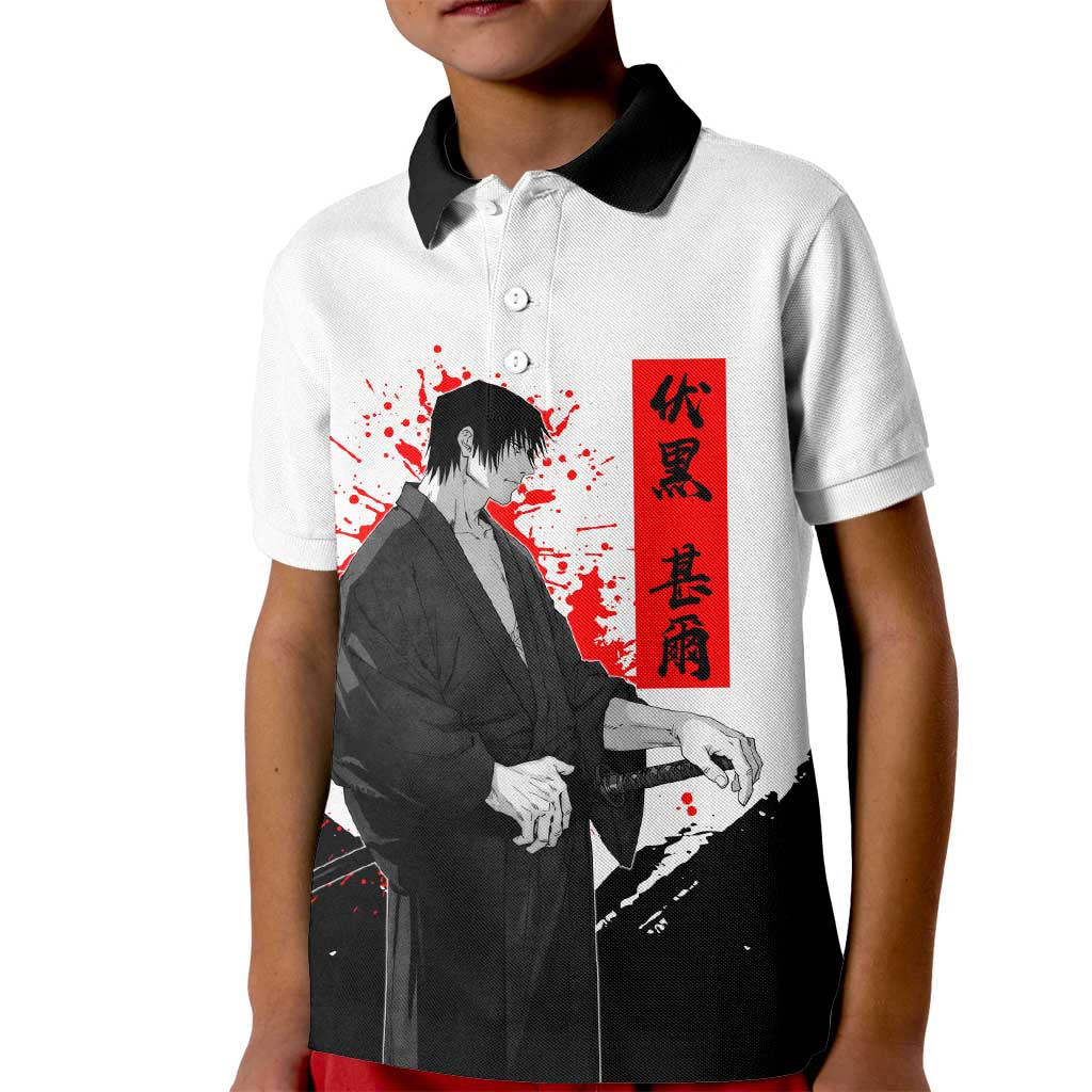 Toji Fushiguro Jujutsu Kaisen Samurai Theme Kid Polo Shirt with Katana, Red Kanji and Oni Mask Artwork - The Mazicc