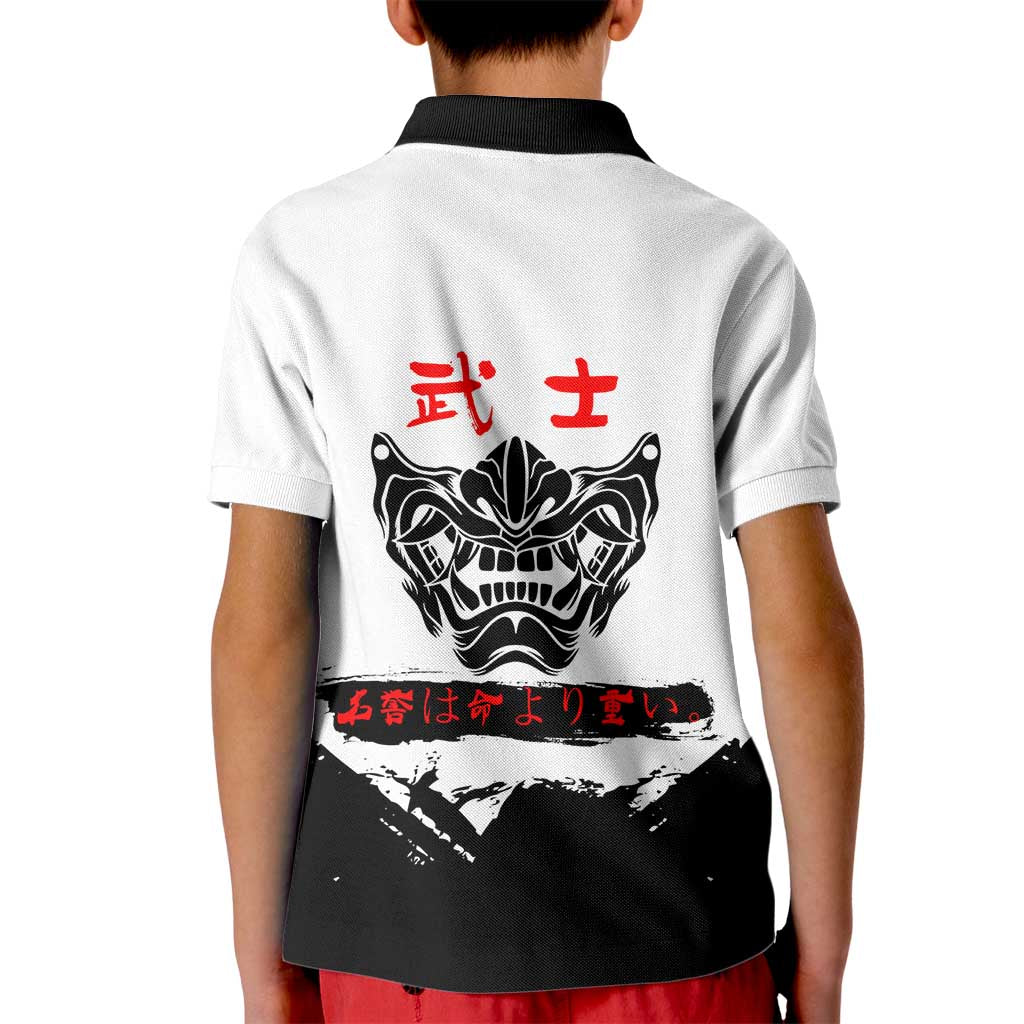 Toji Fushiguro Jujutsu Kaisen Samurai Theme Kid Polo Shirt with Katana, Red Kanji and Oni Mask Artwork - The Mazicc