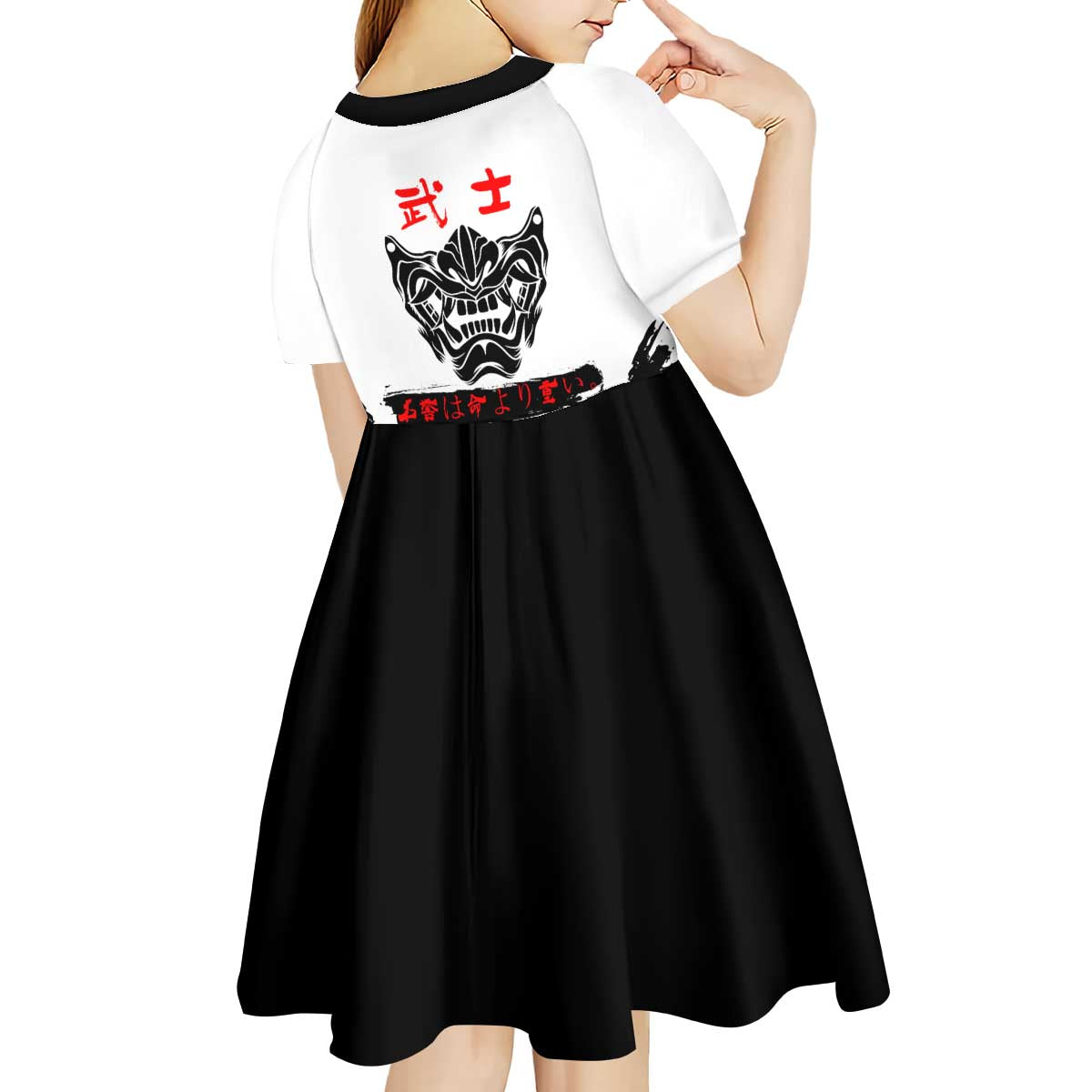Toji Fushiguro Jujutsu Kaisen Samurai Theme Kid Short Sleeve Dress with Katana, Red Kanji and Oni Mask Artwork - The Mazicc