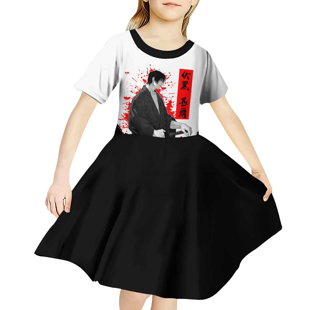 Toji Fushiguro Jujutsu Kaisen Samurai Theme Kid Short Sleeve Dress with Katana, Red Kanji and Oni Mask Artwork - The Mazicc