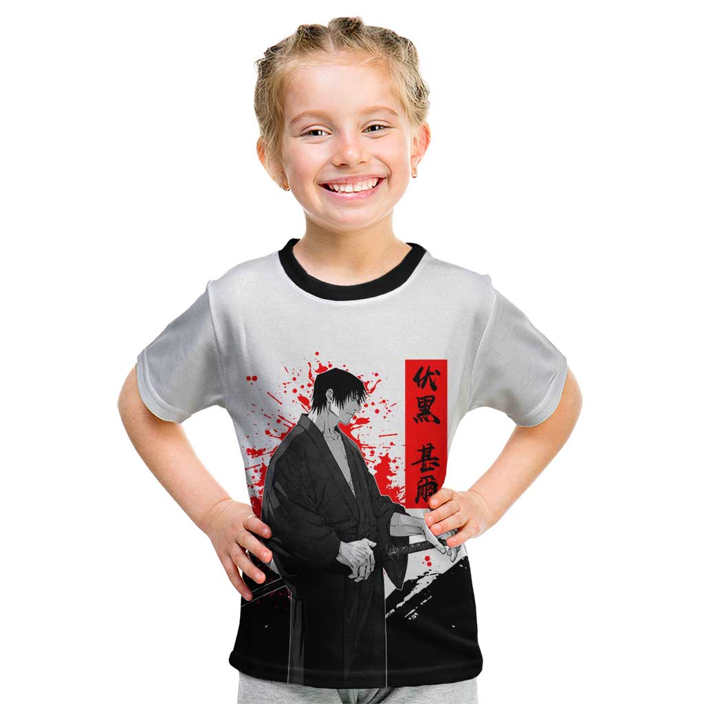 Toji Fushiguro Jujutsu Kaisen Samurai Theme Kid T Shirt with Katana, Red Kanji and Oni Mask Artwork - The Mazicc