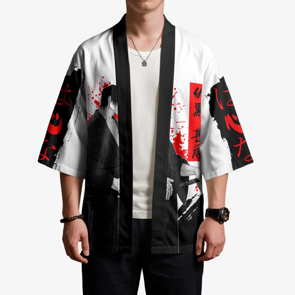 Toji Fushiguro Jujutsu Kaisen Samurai Theme Kimono with Katana, Red Kanji and Oni Mask Artwork - The Mazicc