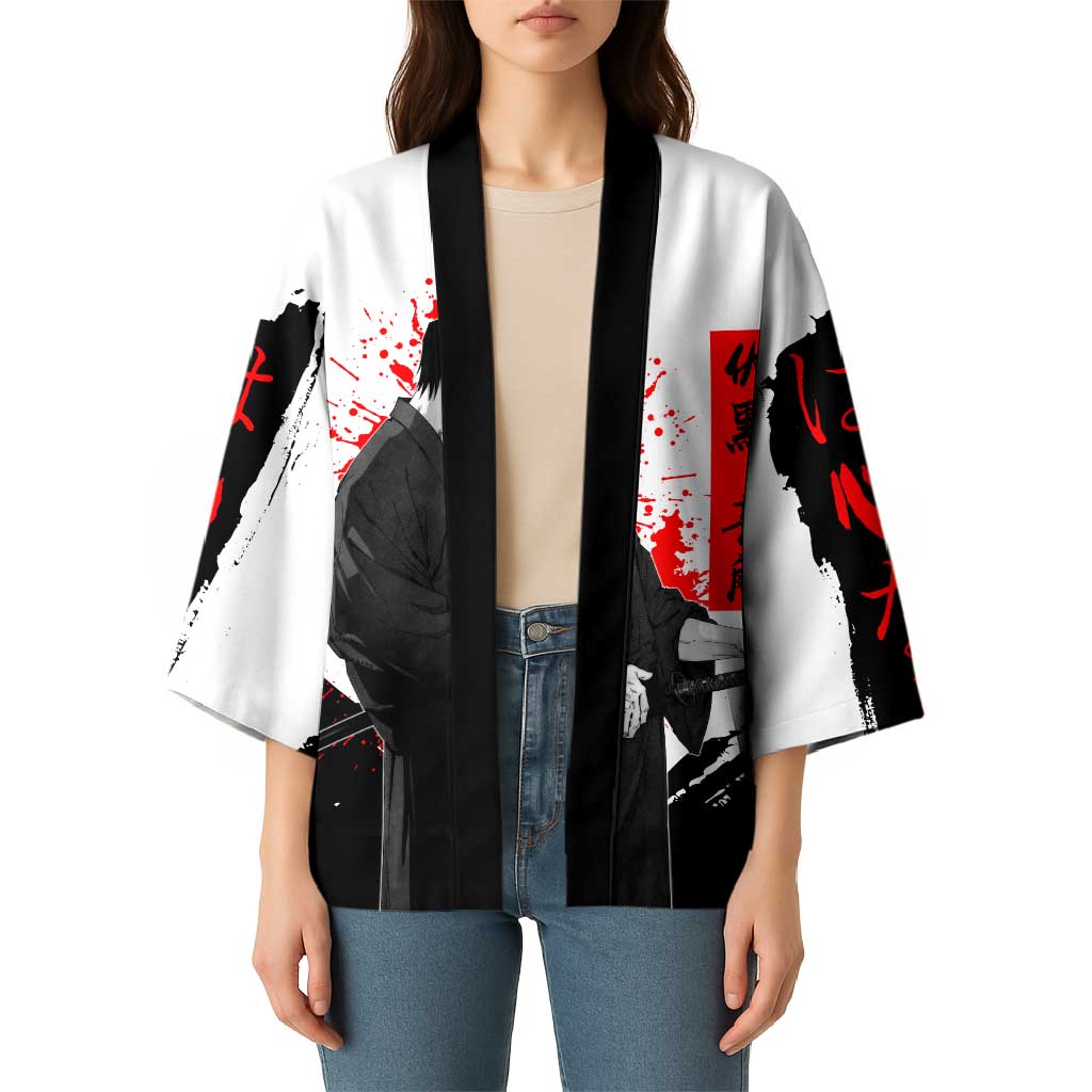 Toji Fushiguro Jujutsu Kaisen Samurai Theme Kimono with Katana, Red Kanji and Oni Mask Artwork - The Mazicc