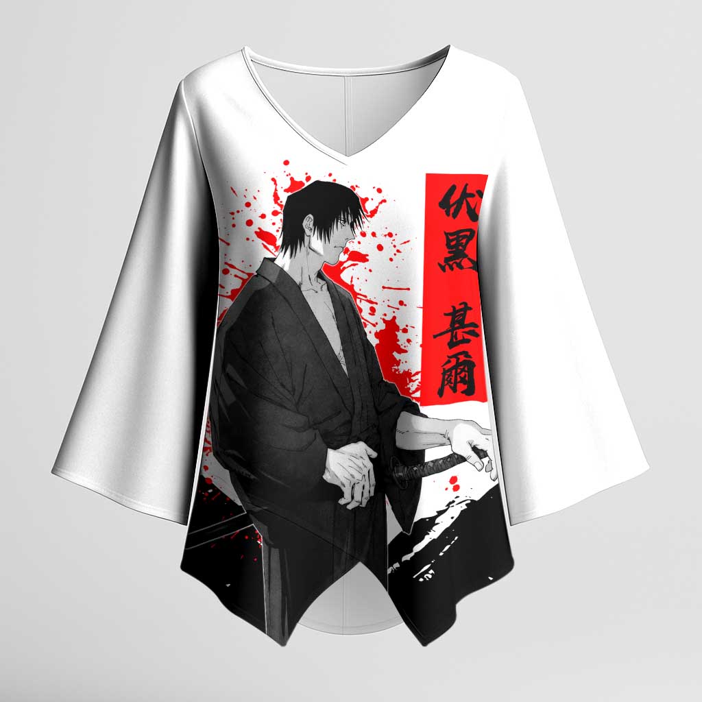 Toji Fushiguro Jujutsu Kaisen Samurai Theme Kimono Sleeve Blouse with Katana, Red Kanji and Oni Mask Artwork - The Mazicc