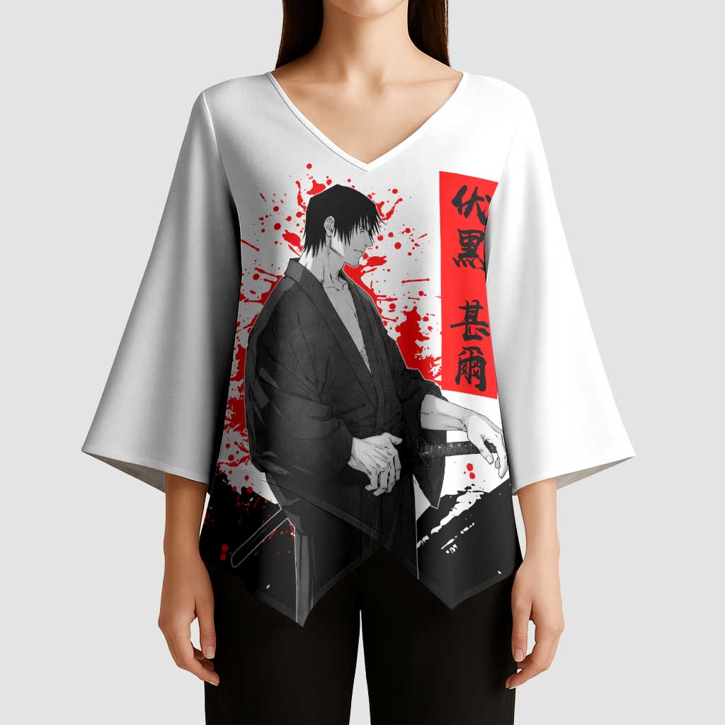 Toji Fushiguro Jujutsu Kaisen Samurai Theme Kimono Sleeve Blouse with Katana, Red Kanji and Oni Mask Artwork - The Mazicc