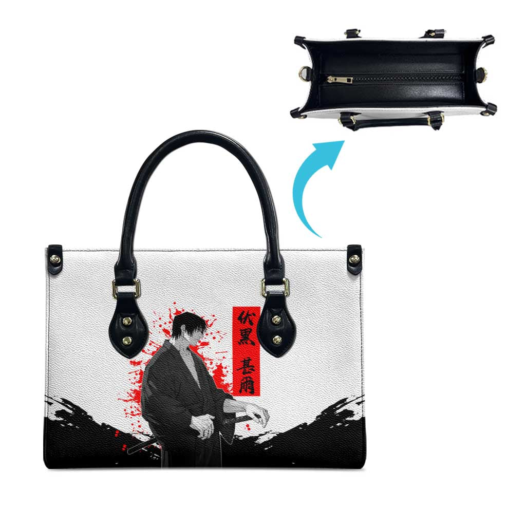 Toji Fushiguro Jujutsu Kaisen Samurai Theme Leather Bag with Katana, Red Kanji and Oni Mask Artwork - The Mazicc