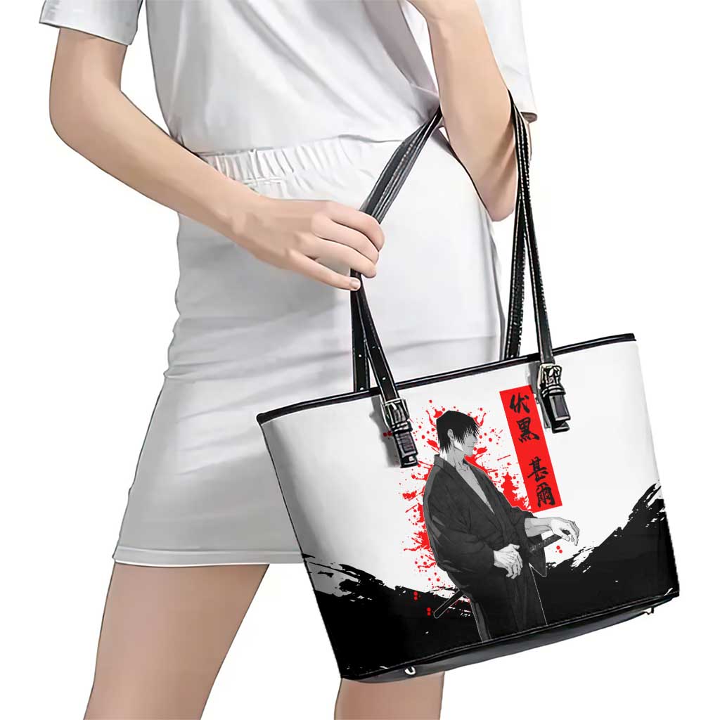 Toji Fushiguro Jujutsu Kaisen Samurai Theme Leather Tote Bag with Katana, Red Kanji and Oni Mask Artwork - The Mazicc