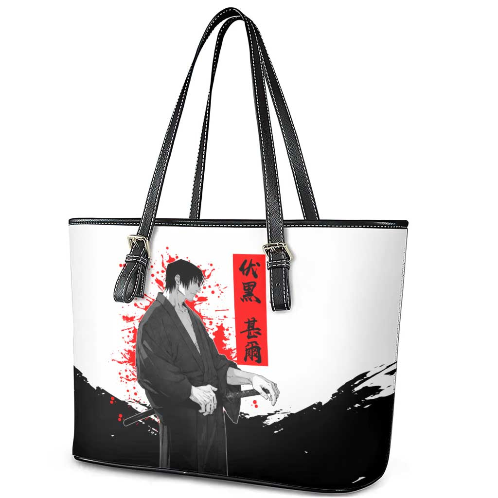 Toji Fushiguro Jujutsu Kaisen Samurai Theme Leather Tote Bag with Katana, Red Kanji and Oni Mask Artwork - The Mazicc