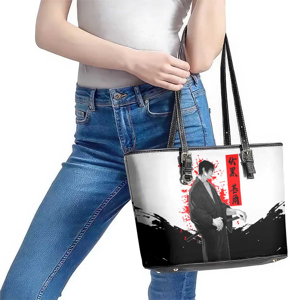 Toji Fushiguro Jujutsu Kaisen Samurai Theme Leather Tote Bag with Katana, Red Kanji and Oni Mask Artwork - The Mazicc