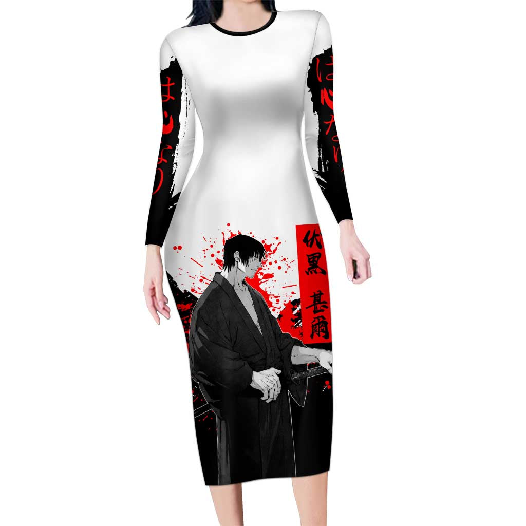 Toji Fushiguro Jujutsu Kaisen Samurai Theme Long Sleeve Bodycon Dress with Katana, Red Kanji and Oni Mask Artwork - The Mazicc