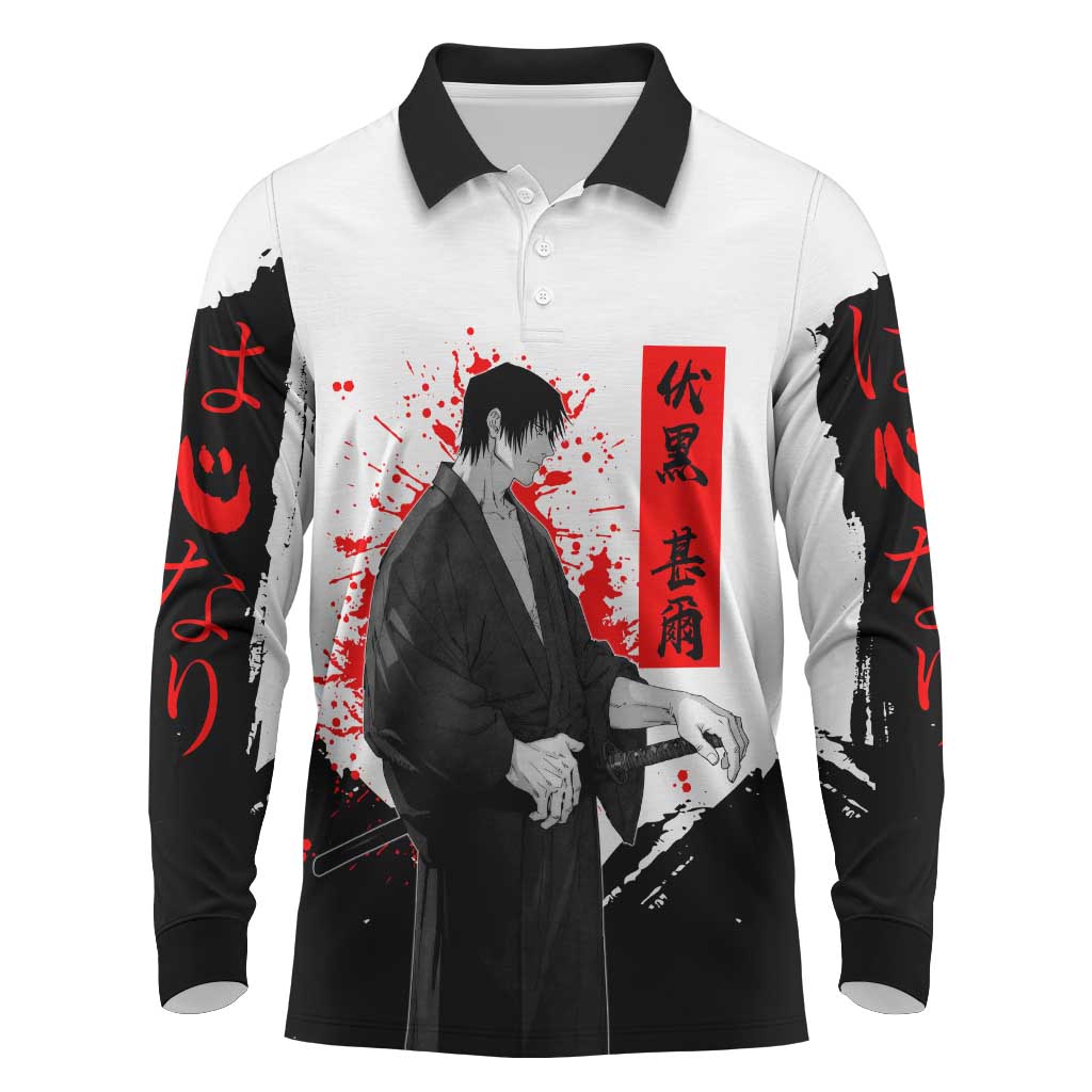 Toji Fushiguro Jujutsu Kaisen Samurai Theme Long Sleeve Polo Shirt with Katana, Red Kanji and Oni Mask Artwork - The Mazicc