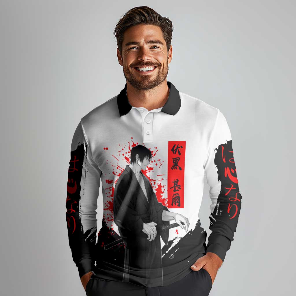 Toji Fushiguro Jujutsu Kaisen Samurai Theme Long Sleeve Polo Shirt with Katana, Red Kanji and Oni Mask Artwork - The Mazicc