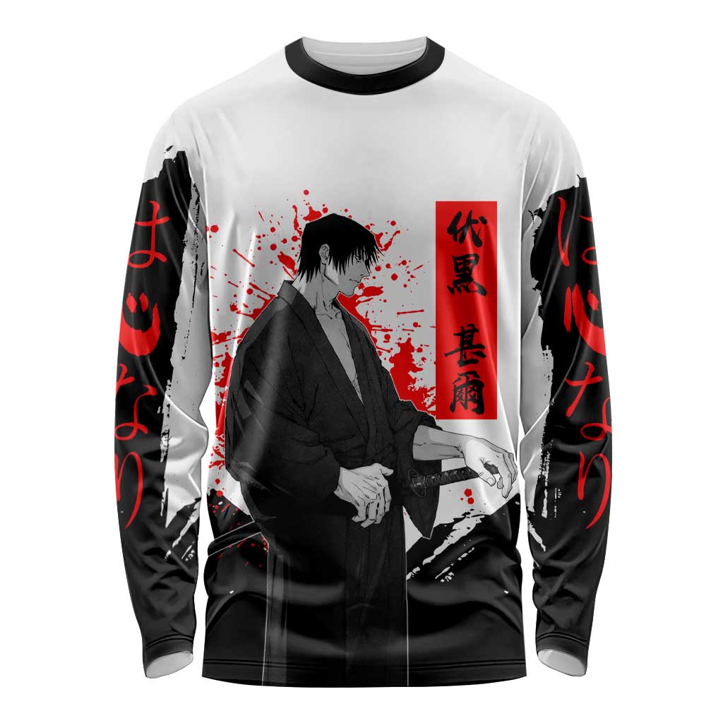 Toji Fushiguro Jujutsu Kaisen Samurai Theme Long Sleeve Shirt with Katana, Red Kanji and Oni Mask Artwork - The Mazicc