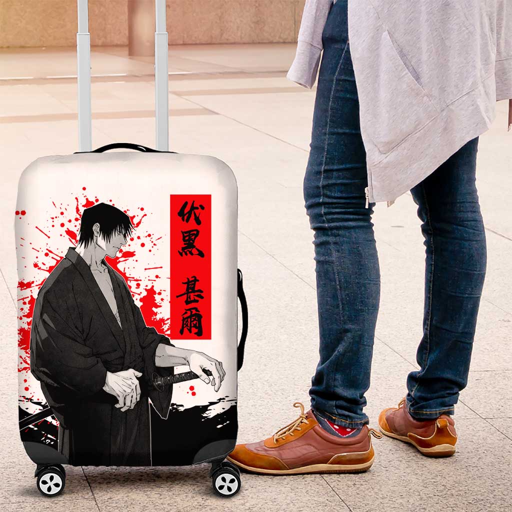 Toji Fushiguro Jujutsu Kaisen Samurai Theme Luggage Cover with Katana, Red Kanji and Oni Mask Artwork - The Mazicc