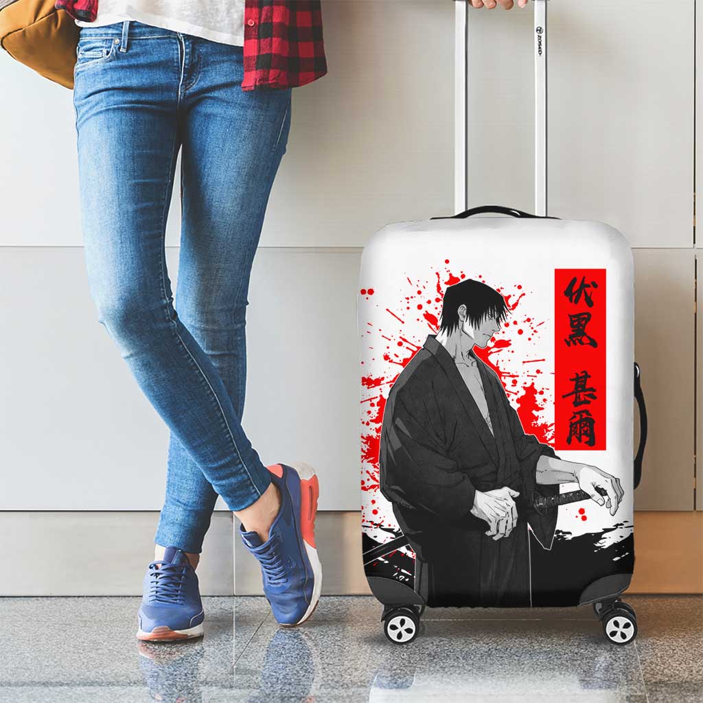 Toji Fushiguro Jujutsu Kaisen Samurai Theme Luggage Cover with Katana, Red Kanji and Oni Mask Artwork - The Mazicc