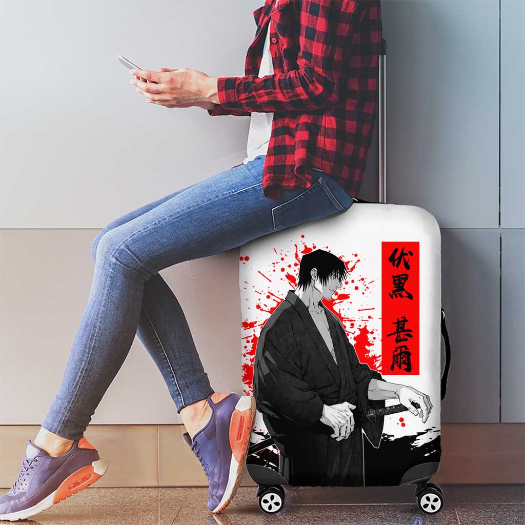 Toji Fushiguro Jujutsu Kaisen Samurai Theme Luggage Cover with Katana, Red Kanji and Oni Mask Artwork - The Mazicc