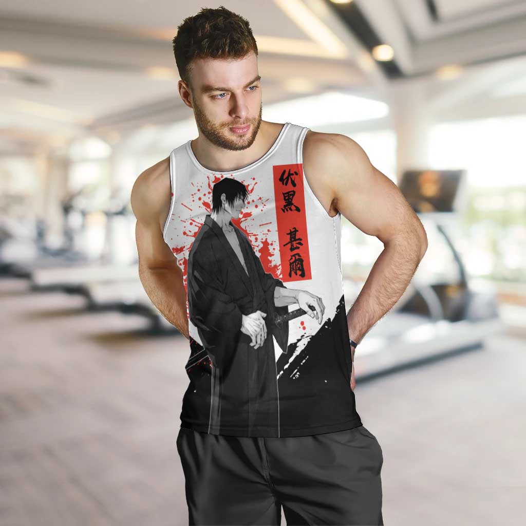Toji Fushiguro Jujutsu Kaisen Samurai Theme Men Tank Top with Katana, Red Kanji and Oni Mask Artwork - The Mazicc