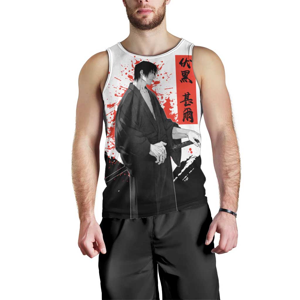 Toji Fushiguro Jujutsu Kaisen Samurai Theme Men Tank Top with Katana, Red Kanji and Oni Mask Artwork - The Mazicc