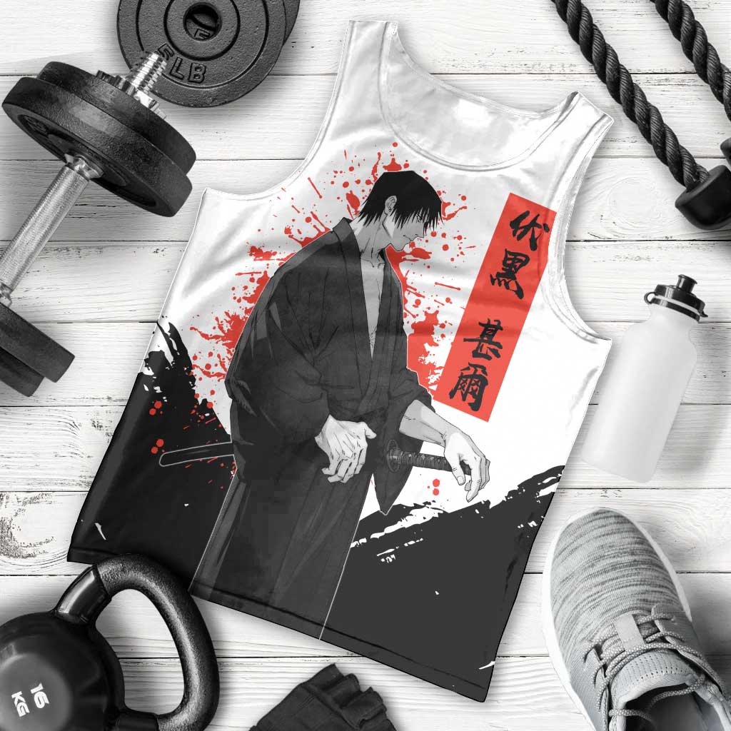 Toji Fushiguro Jujutsu Kaisen Samurai Theme Men Tank Top with Katana, Red Kanji and Oni Mask Artwork - The Mazicc