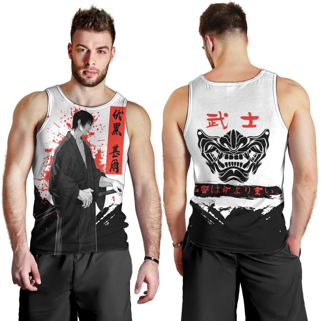Toji Fushiguro Jujutsu Kaisen Samurai Theme Men Tank Top with Katana, Red Kanji and Oni Mask Artwork - The Mazicc