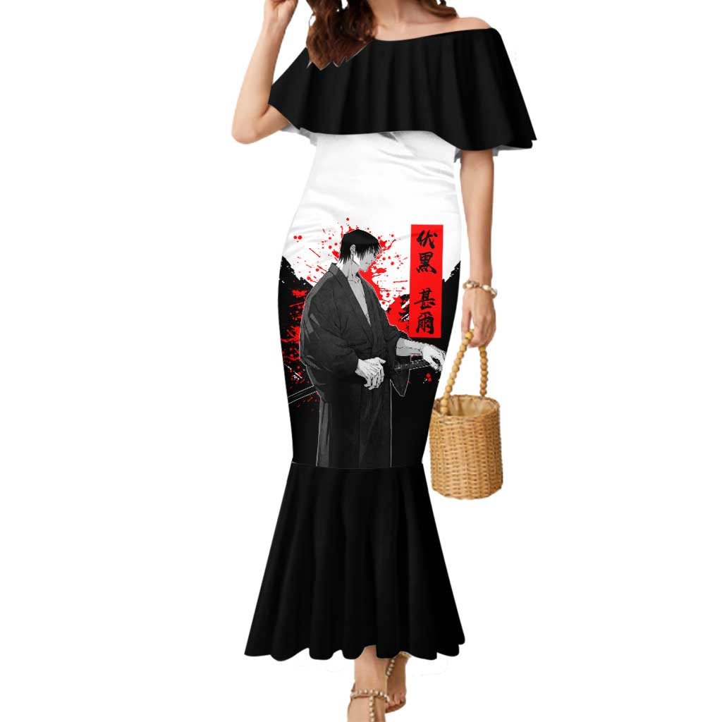 Toji Fushiguro Jujutsu Kaisen Samurai Theme Mermaid Dress with Katana, Red Kanji and Oni Mask Artwork - The Mazicc
