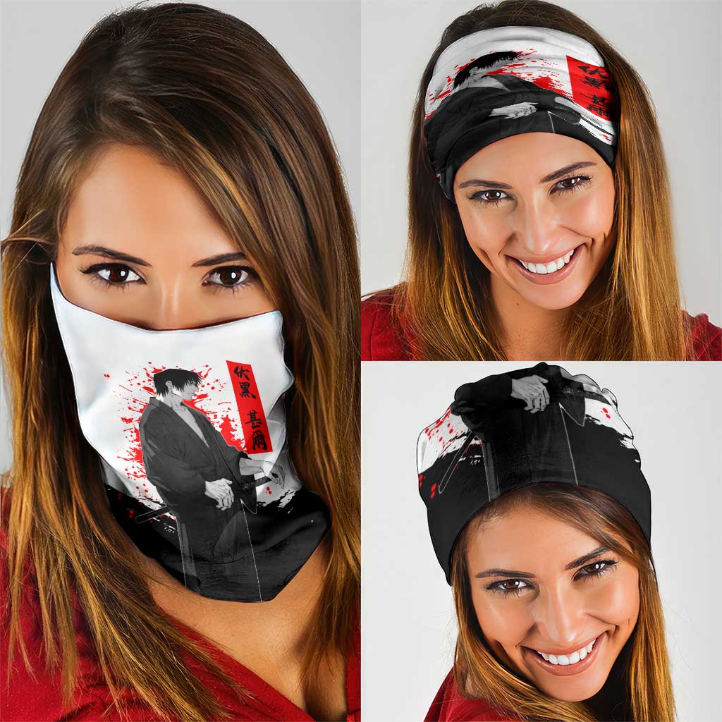 Toji Fushiguro Jujutsu Kaisen Samurai Theme Neck Gaiter with Katana, Red Kanji and Oni Mask Artwork - The Mazicc