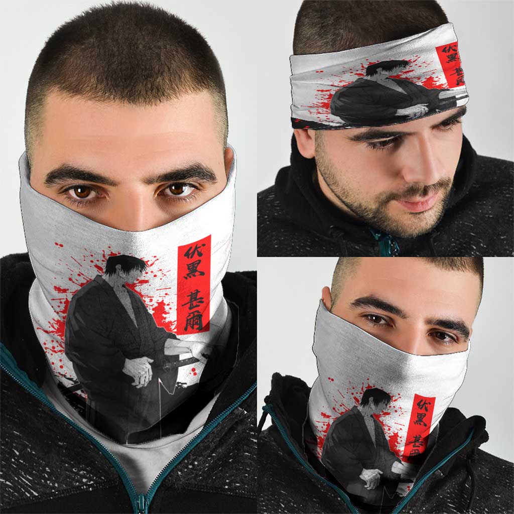Toji Fushiguro Jujutsu Kaisen Samurai Theme Neck Gaiter with Katana, Red Kanji and Oni Mask Artwork - The Mazicc
