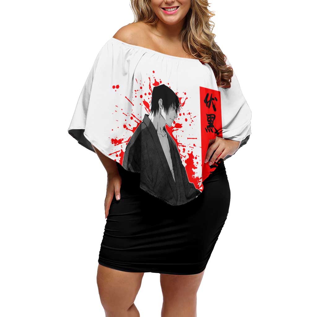 Toji Fushiguro Jujutsu Kaisen Samurai Theme Off Shoulder Short Dress with Katana, Red Kanji and Oni Mask Artwork - The Mazicc