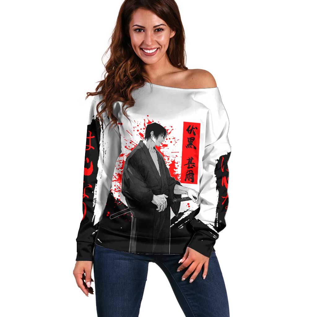 Toji Fushiguro Jujutsu Kaisen Samurai Theme Off Shoulder Sweater with Katana, Red Kanji and Oni Mask Artwork - The Mazicc