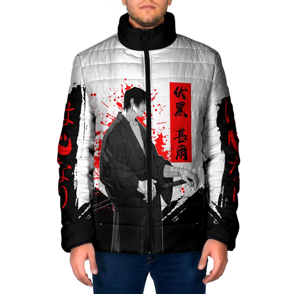 Toji Fushiguro Jujutsu Kaisen Samurai Theme Padded Jacket with Katana, Red Kanji and Oni Mask Artwork - The Mazicc