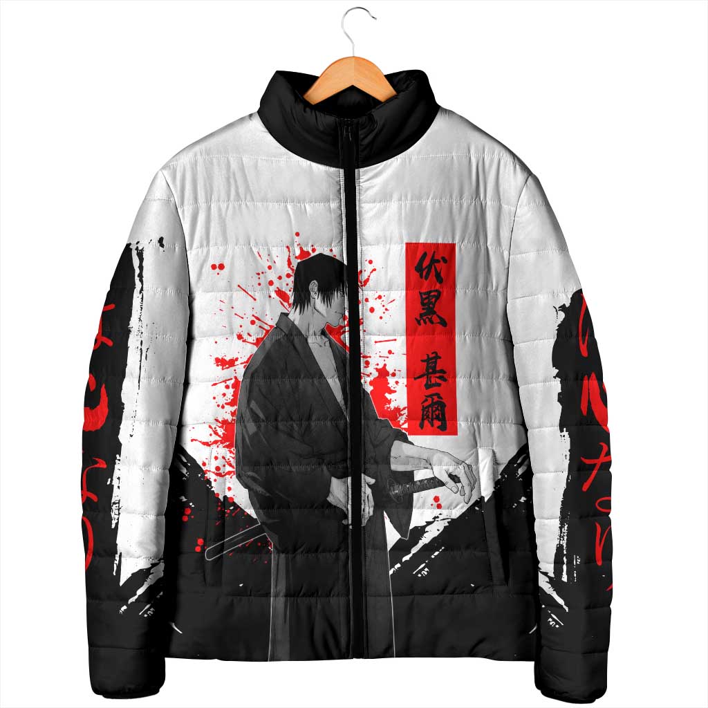 Toji Fushiguro Jujutsu Kaisen Samurai Theme Padded Jacket with Katana, Red Kanji and Oni Mask Artwork - The Mazicc