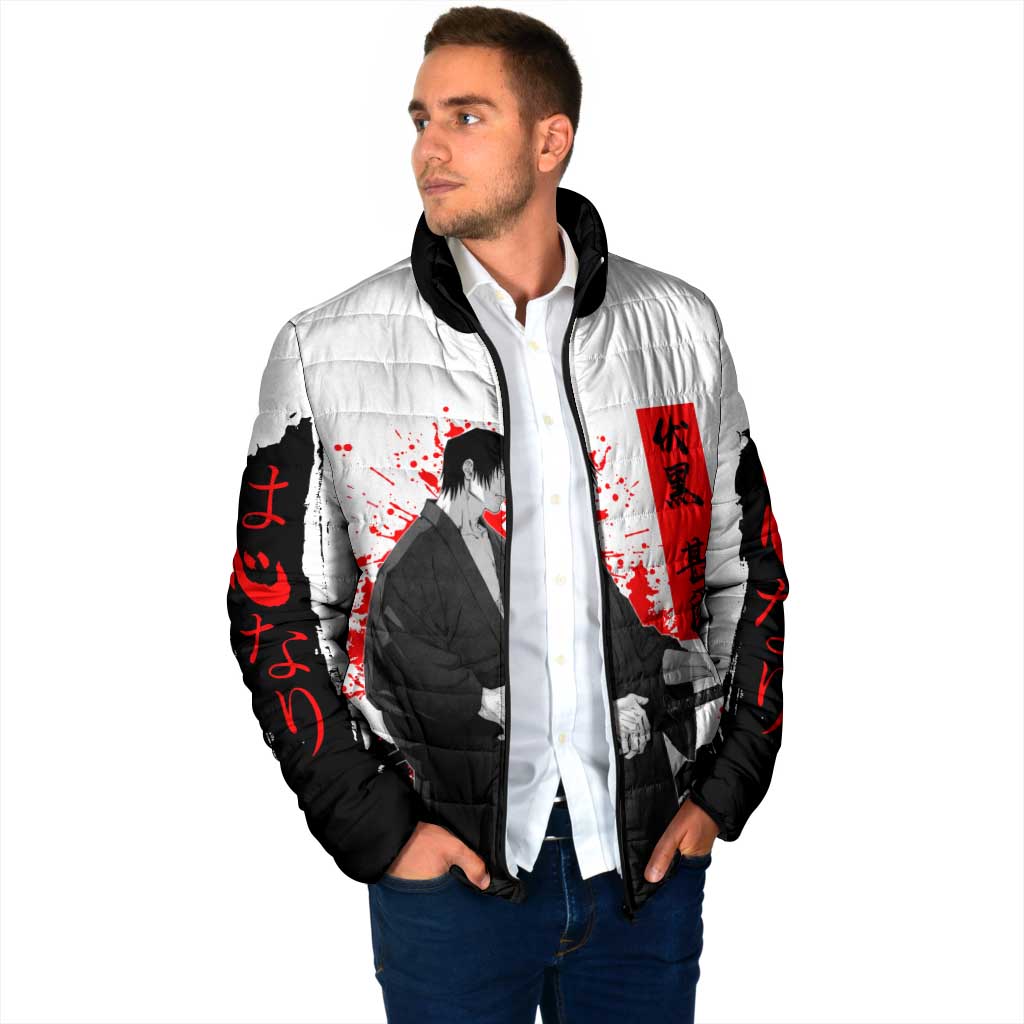 Toji Fushiguro Jujutsu Kaisen Samurai Theme Padded Jacket with Katana, Red Kanji and Oni Mask Artwork - The Mazicc