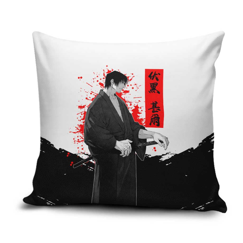 Toji Fushiguro Jujutsu Kaisen Samurai Theme Pillow Cover with Katana, Red Kanji and Oni Mask Artwork - The Mazicc