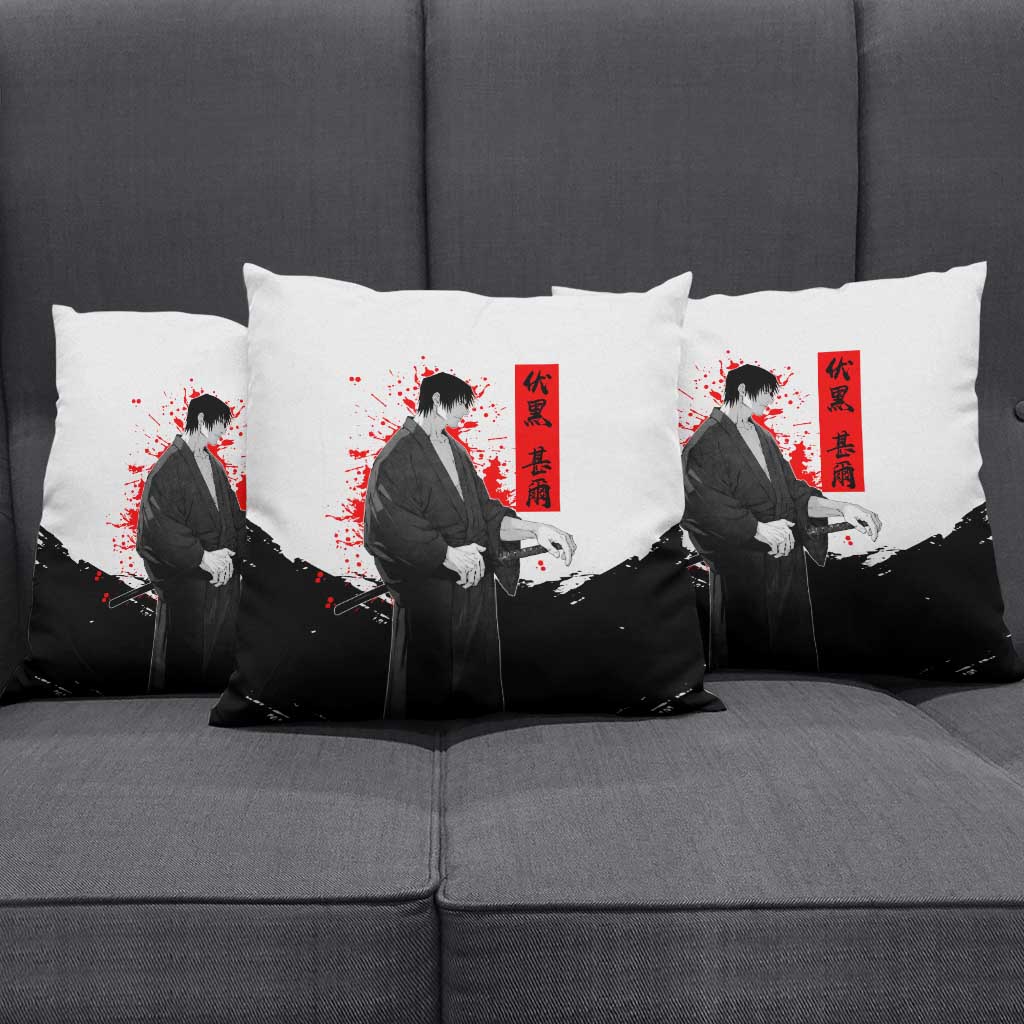 Toji Fushiguro Jujutsu Kaisen Samurai Theme Pillow Cover with Katana, Red Kanji and Oni Mask Artwork - The Mazicc