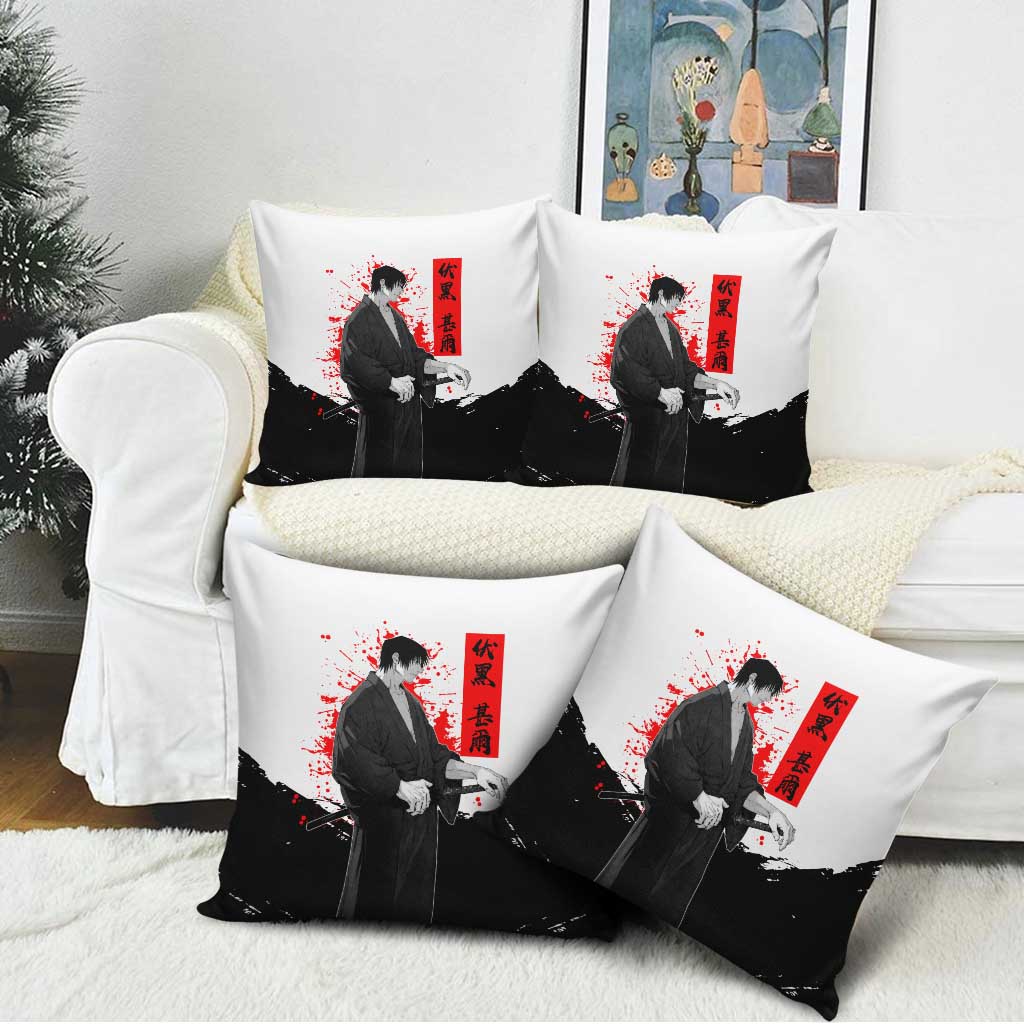 Toji Fushiguro Jujutsu Kaisen Samurai Theme Pillow Cover with Katana, Red Kanji and Oni Mask Artwork - The Mazicc