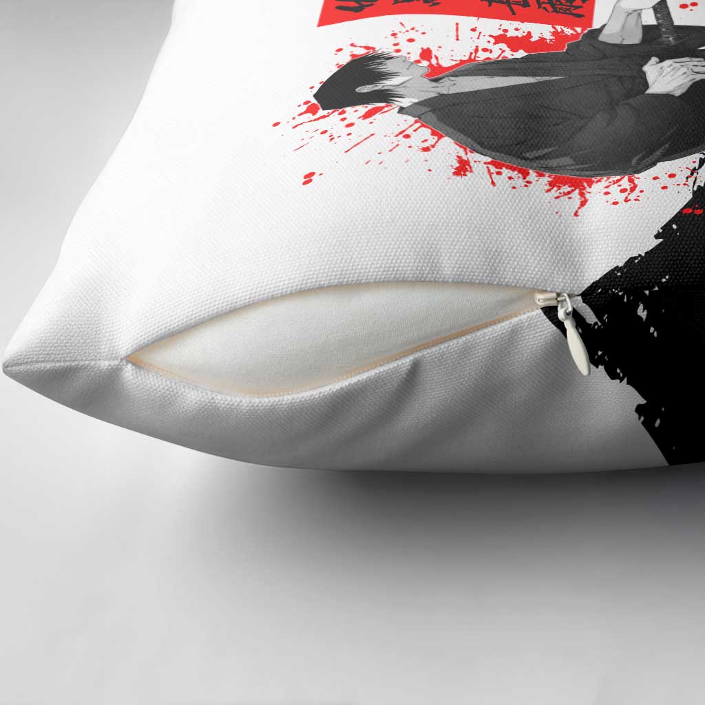 Toji Fushiguro Jujutsu Kaisen Samurai Theme Pillow Cover with Katana, Red Kanji and Oni Mask Artwork - The Mazicc