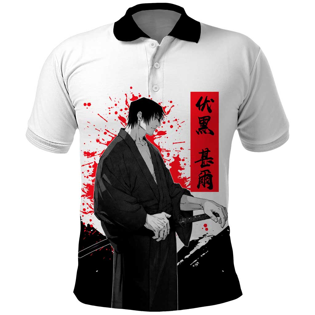 Toji Fushiguro Jujutsu Kaisen Samurai Theme Polo Shirt with Katana, Red Kanji and Oni Mask Artwork - The Mazicc