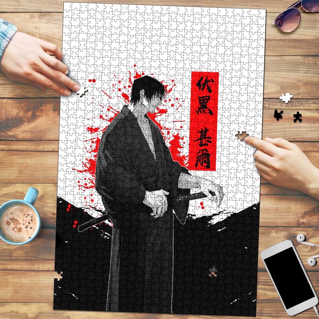 Toji Fushiguro Jujutsu Kaisen Samurai Theme Puzzle with Katana, Red Kanji and Oni Mask Artwork - The Mazicc