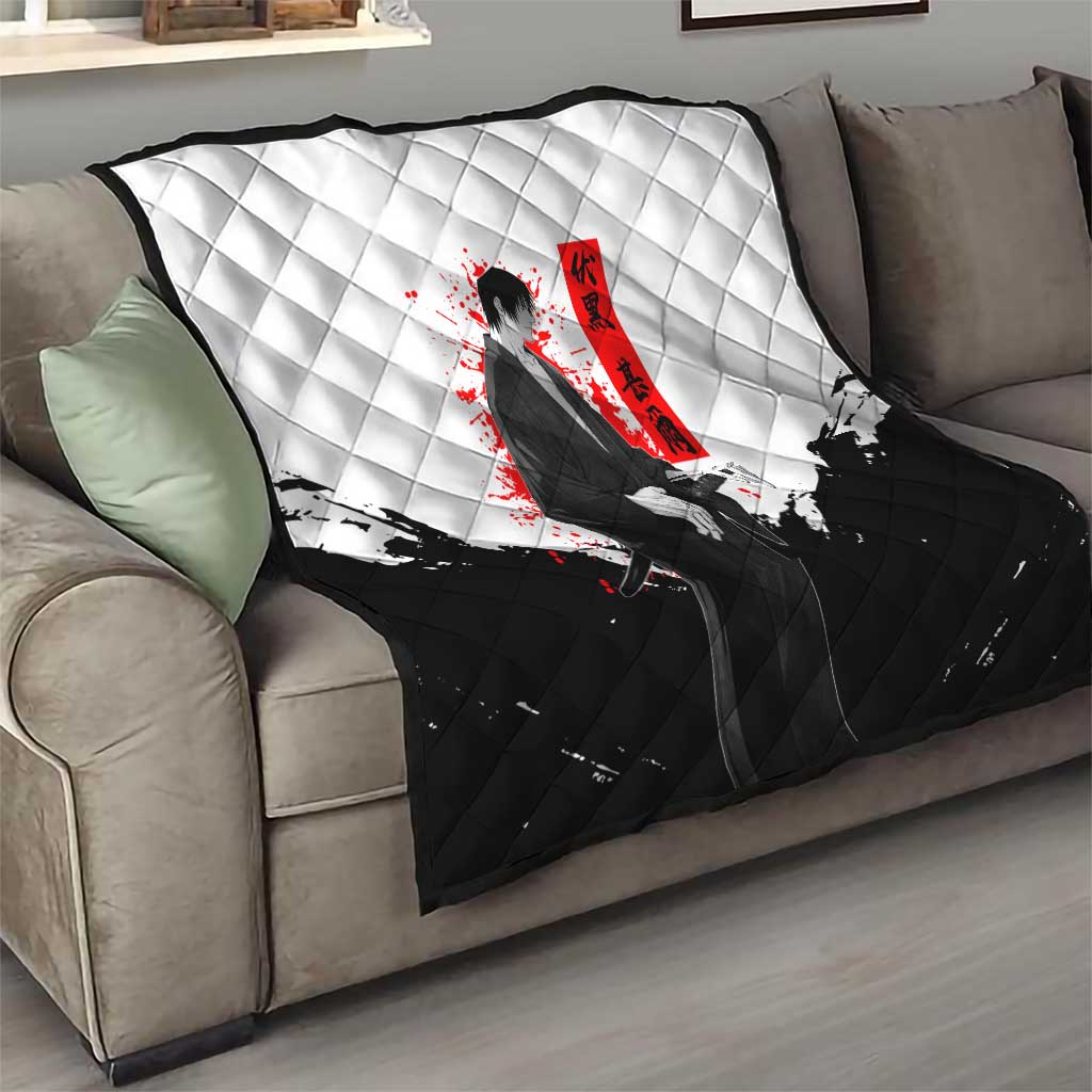 Toji Fushiguro Jujutsu Kaisen Samurai Theme Quilt with Katana, Red Kanji and Oni Mask Artwork - The Mazicc