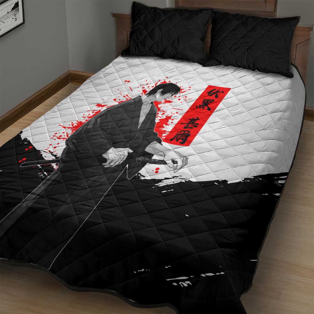 Toji Fushiguro Jujutsu Kaisen Samurai Theme Quilt Bed Set with Katana, Red Kanji and Oni Mask Artwork - The Mazicc
